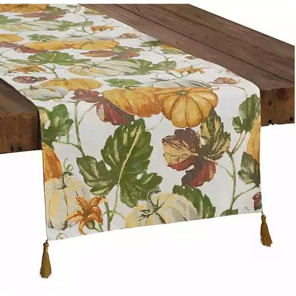 Thanksgiving Pumpkin Medley Table Runner 14x72" Leaves Fall Harvest Tassels